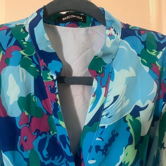 NWOT Blue Multicolor Floral Button Down 3/4 Puff Sleeve Easter Maxi Dress Small - Picture 7 of 12